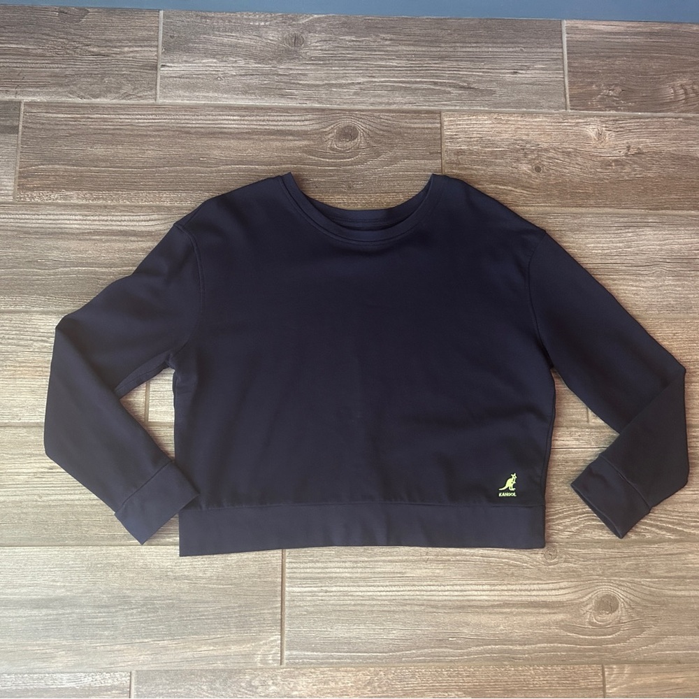Kangol Navy Blue Cropped Sweatshirt Long‎ Sleeve Crew Neck Kanga Logo Women G/L